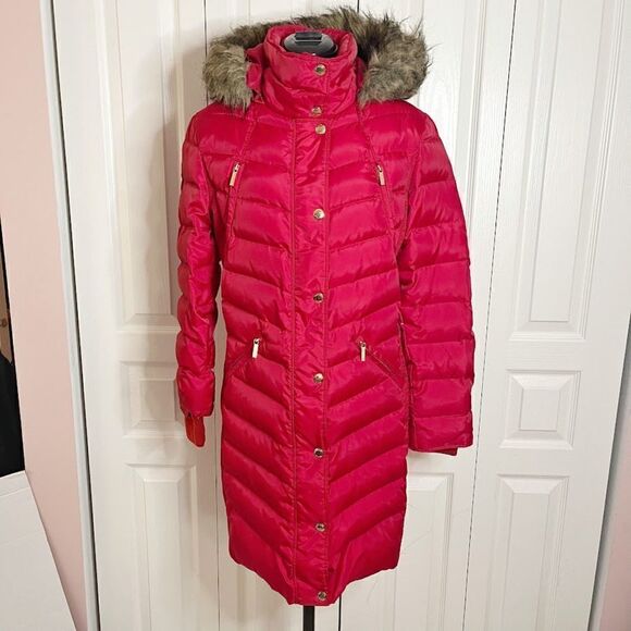 Michael Kors Down Water Fowl Feathers Chevron Quilted Puffer Hooded Parka Coat